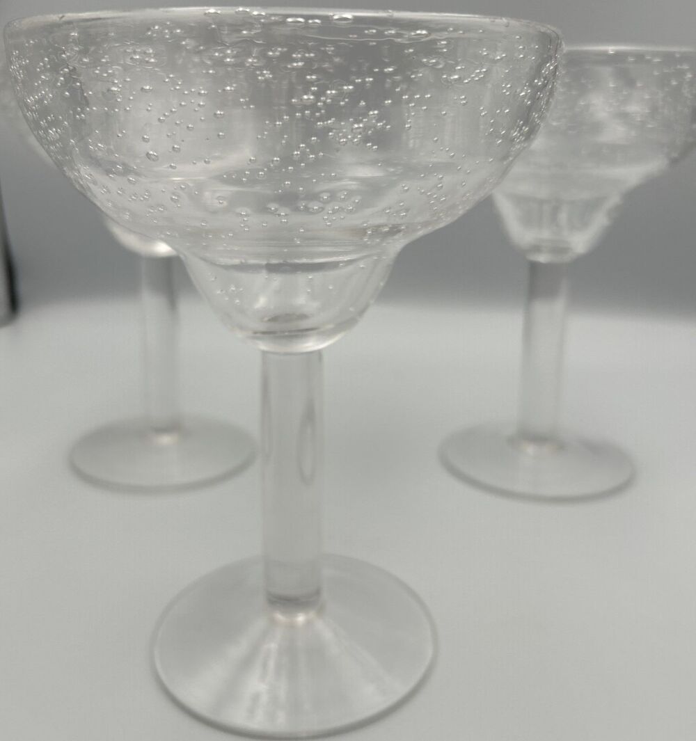 Set of 3 Hand Blown Bubble Glass Margarita Cocktail Glasses Clear 7" Tall